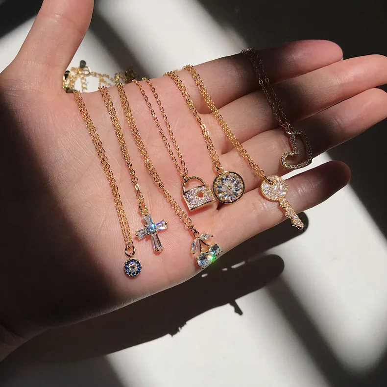 

Japanese Retro Genuine Gold Plated S925 Sterling Silver Chain Choker Necklaces Cherry Cross Devil Eye Pendant Necklace Wholesale