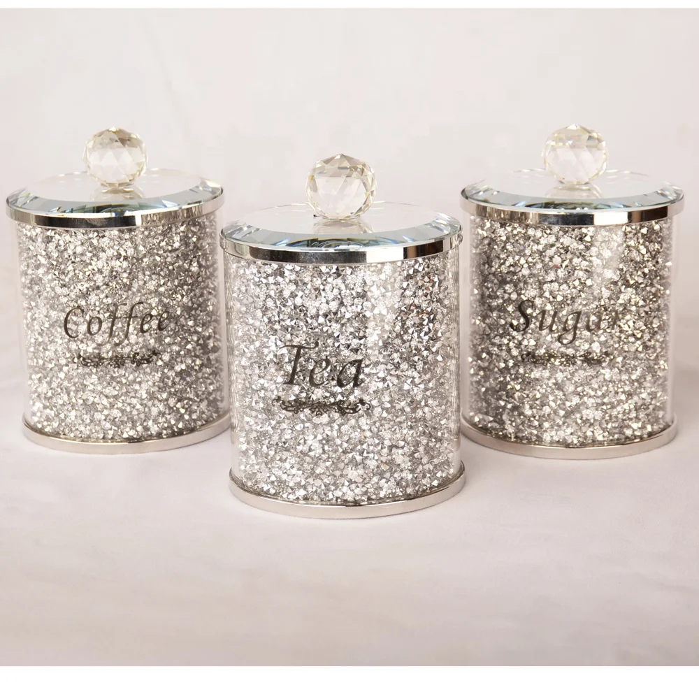 
Black Writing Kitchen Storage Silver Trimmings Crystal Filled Diamond Crushed Tea Coffee Sugar Canisters Jars 