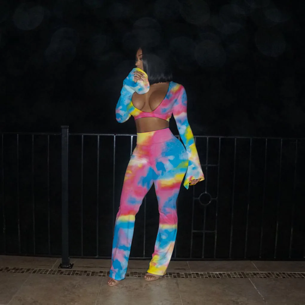 

Sexy Nightclub Tie-dye Outfit Hot Style Two-piece Long Flared Sleeve Pants Show Chest and Waist