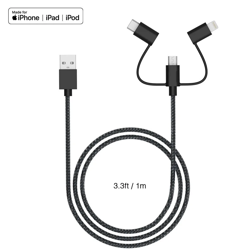 

2020 hot selling mfi certified 3 in 1 nylon braided usb data cable for apple for android for type c, White,black ,red ,gold ,pink or customized