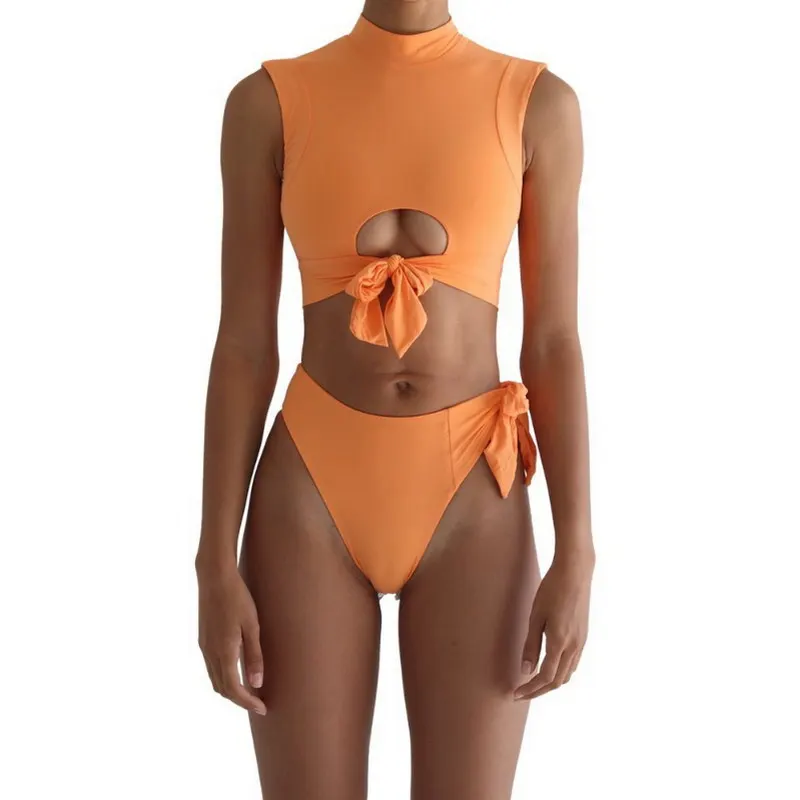 

Multiple Colour Fashion Women New Pure Color Swimsuit With Tie Knot Sexy Thong Bikini, As pictures