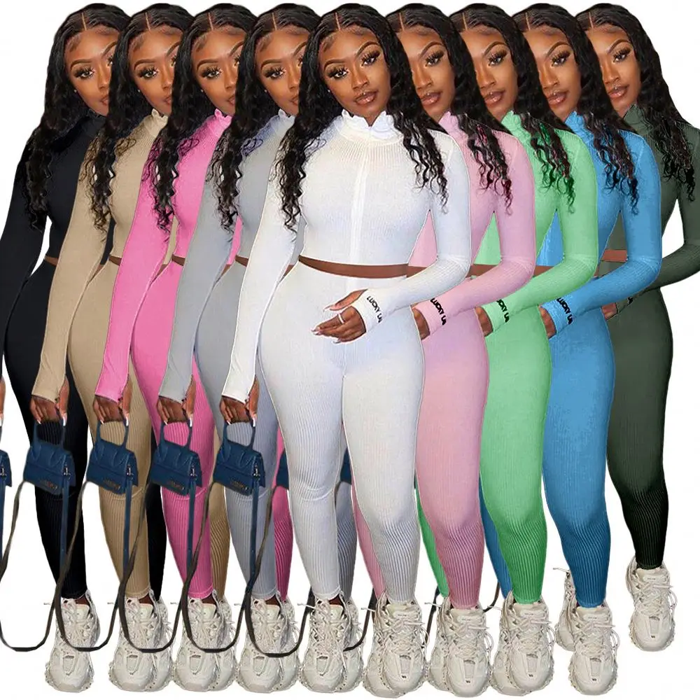 

2021 Spring Women Tracksuit Fitness 2 Pieces Set Elastic Long Sleeve Top Lucky Label Leggings Sports Outfits Two Piece Pant