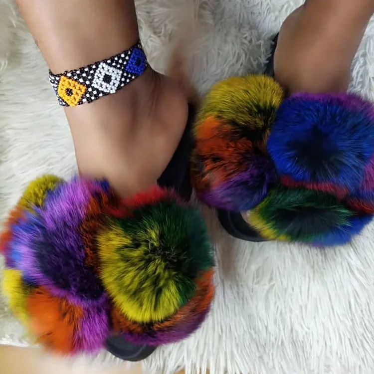 

Summer Sexy Female Fox Fur Slippers fashion Furry flip-flops Woman fluffy Slides Multi Color Sandals Furry Fluffy Plush Shoes