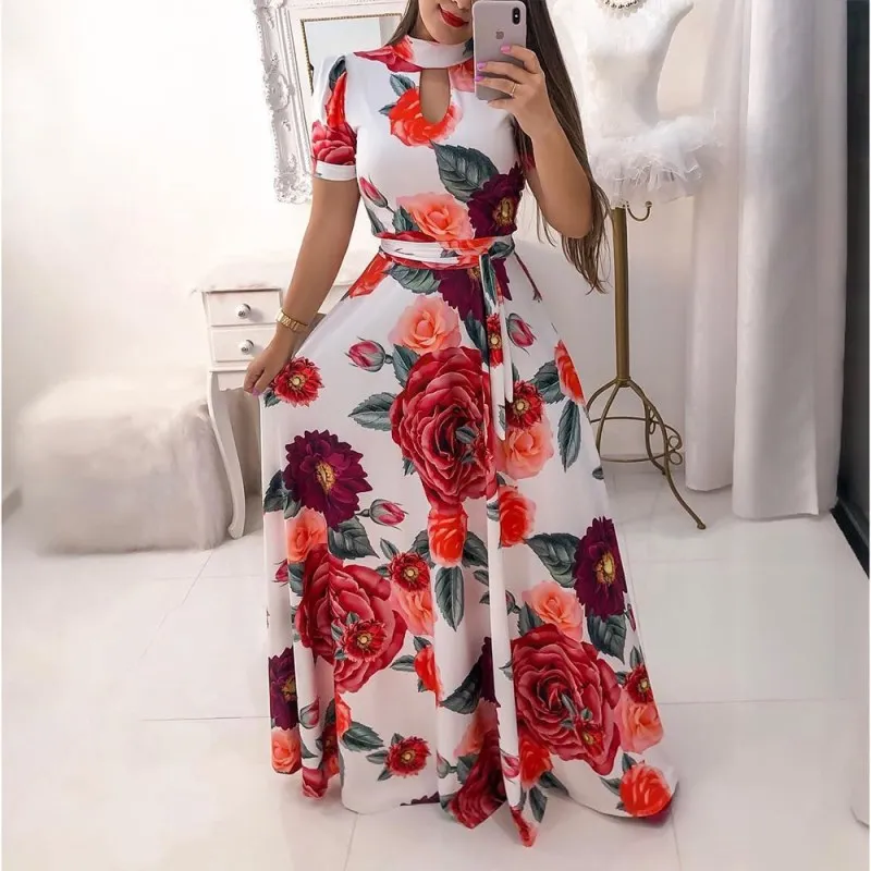 

Hot Sales Plus Size Women Summer Dress 2021 Patchwork Vintage Floral Short Dresses Casual O-neck Long Sleeve Boho Party Dress, As show
