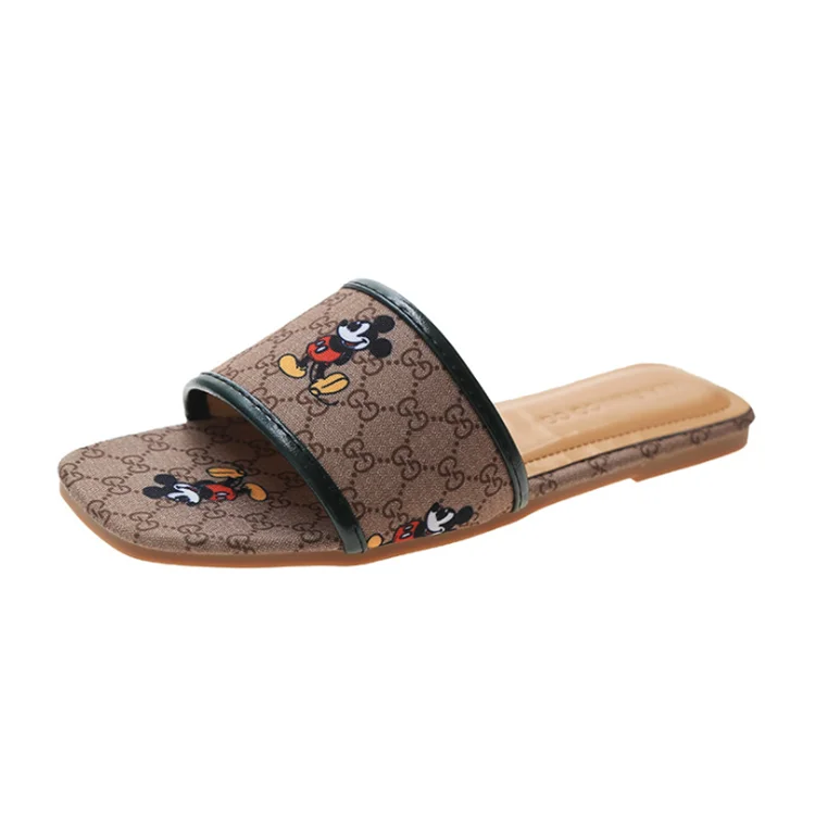 

2021 Mickey flat slippers fashion ladies casual flip-flops, Green, khaki