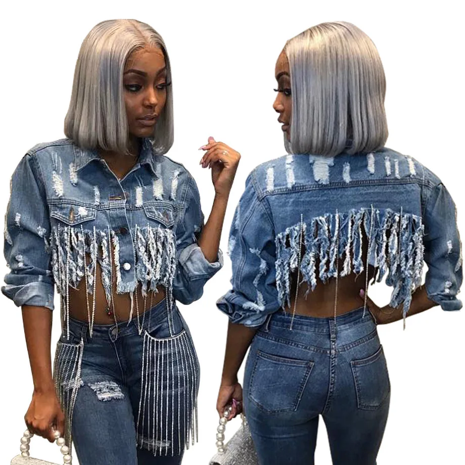 

Wholesale ladies fall clothing long sleeve tassels button washed crop jeans jacket women sexy denim jean jacket, Photos show