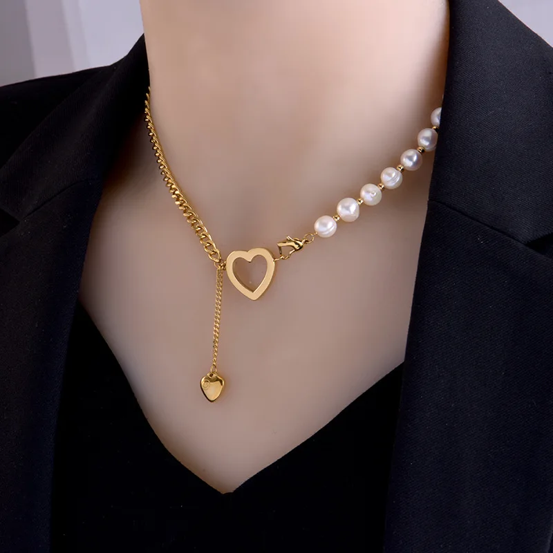 

Luxury Gold Filled Stainless Steel Natural Pearl Necklace High Polished Stainless Steel Heart Lariat Necklace For Women