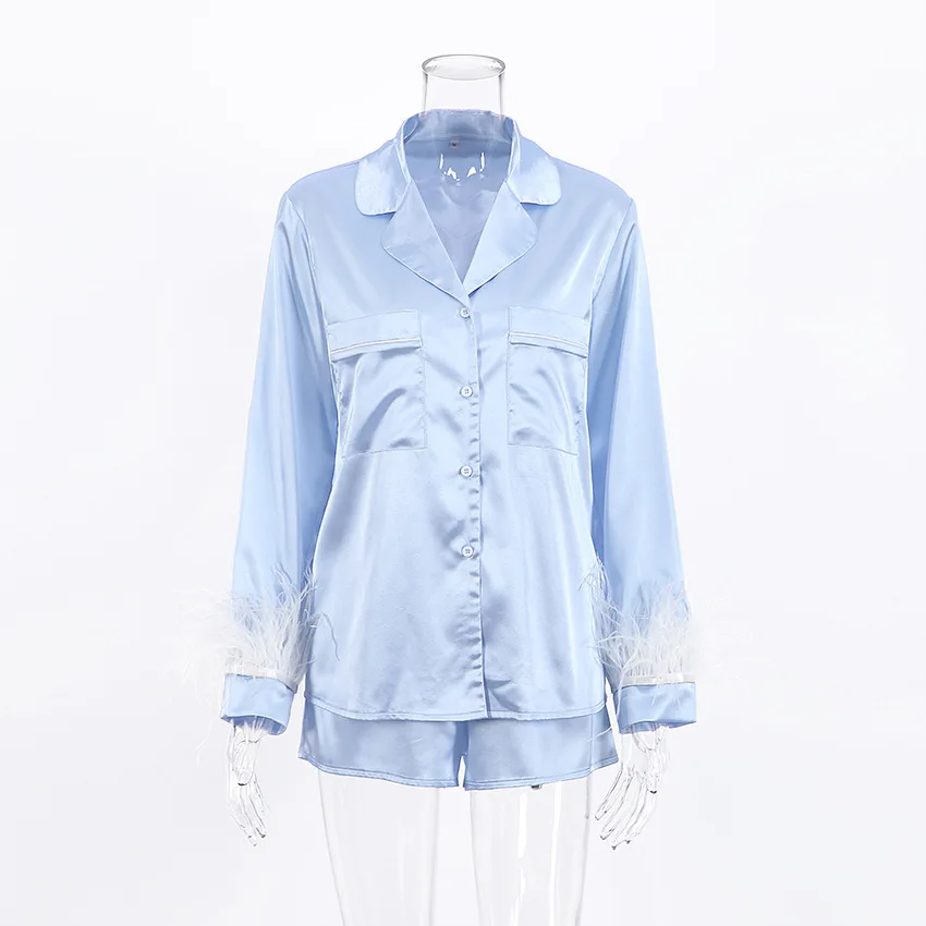 

New Design Long Sleeve Shorts Sleepwear Satin Pyjama Women Pajamas with Feather