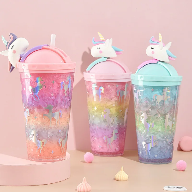 

C234 Rainbow Double Wall Plastic Drinking Cup Portable Outdoor Travel Unicorn Cute Mug Cheap Colorful Water Bottle With Straw