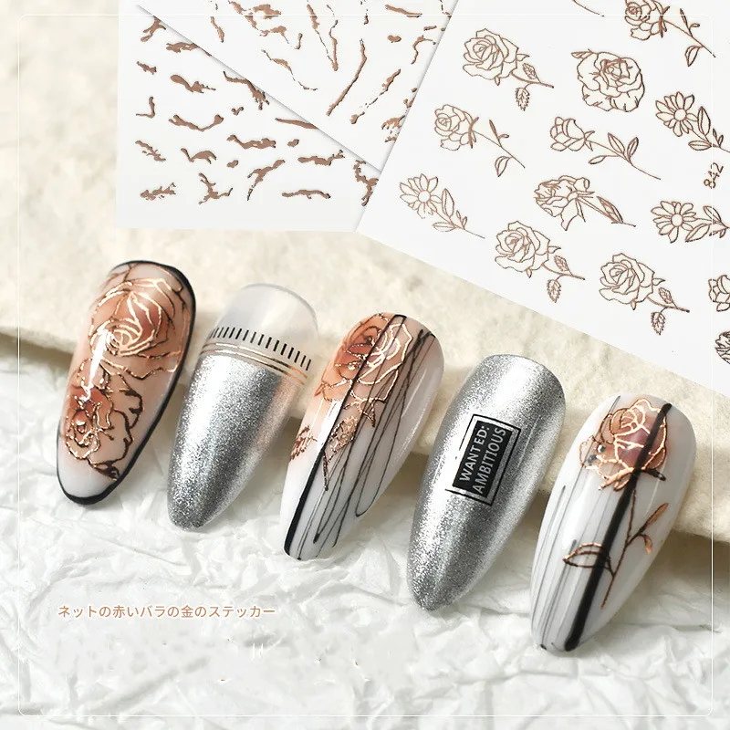 

RTS Hot Sale Hollow Sticker Nail Flower 2D Nail Decoration Rose Gold Stickers Nail Art Accessories
