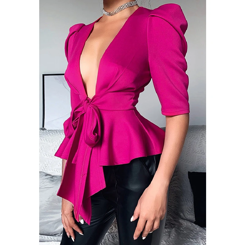 

Deep V Neck Pink Long Sleeve Blazer Elegant Office Ladies Cloth, As the picture