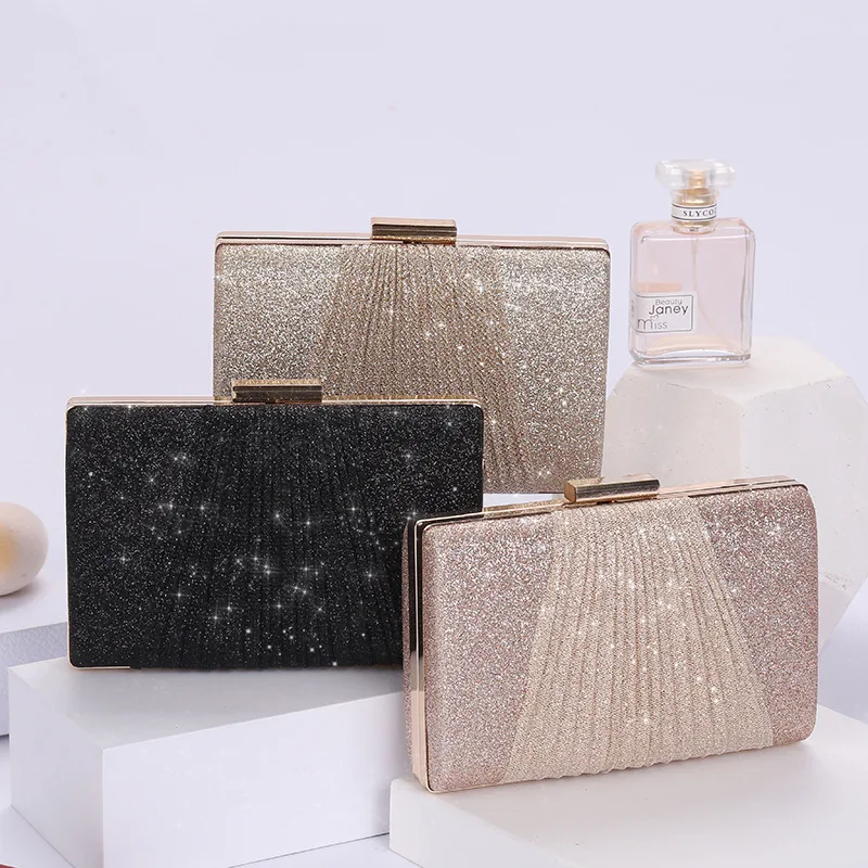 

New shiny pleated large-capacity handbag one-shoulder diagonal bag wedding dress KTV handbag dinner bag women luxury wallet, As photo