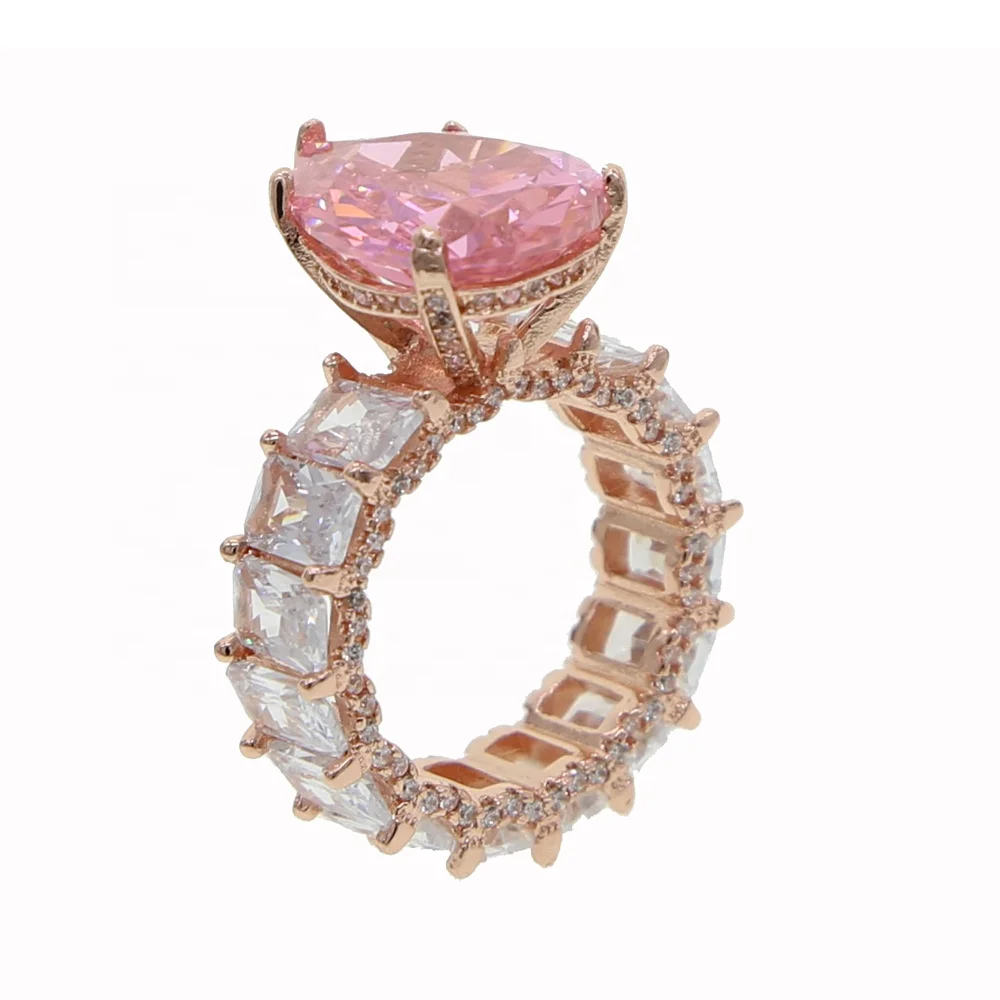 

rose gold plated pink cubic zirconia big pear shape rectangle cz band sparking bling wedding engagement ring, Silver