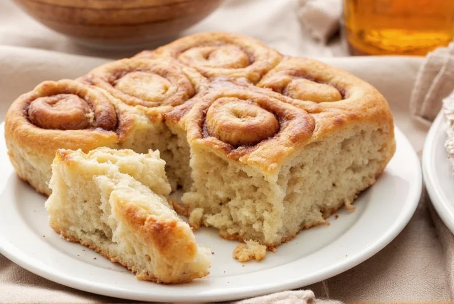 Close-up of golden brown Paula Deen cinnamon rolls with cream cheese glaze dripping down the sides on a white ceramic plate