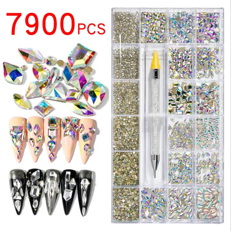 

Shiny Color DIY Accessories Jewelry Nail AB Rainbow Holographic Flash Flatback Glass Rhinestones for Nail Crystal Decoration Set, As shown