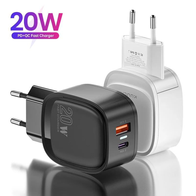 

KUULAA 20w qc 3.0 usb 2 dual port type-c wall fast charger pd power adapter 20w pd quick charger, White/green/pink/purple/black