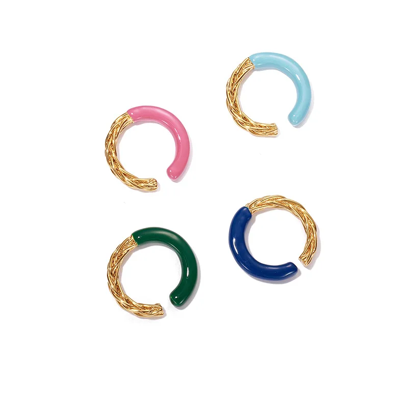 

European Simple Real Gold Plated Stacking Chain Ring Simple Handmade Blue Green Enamel Opening Finger Rings For Women Ladies