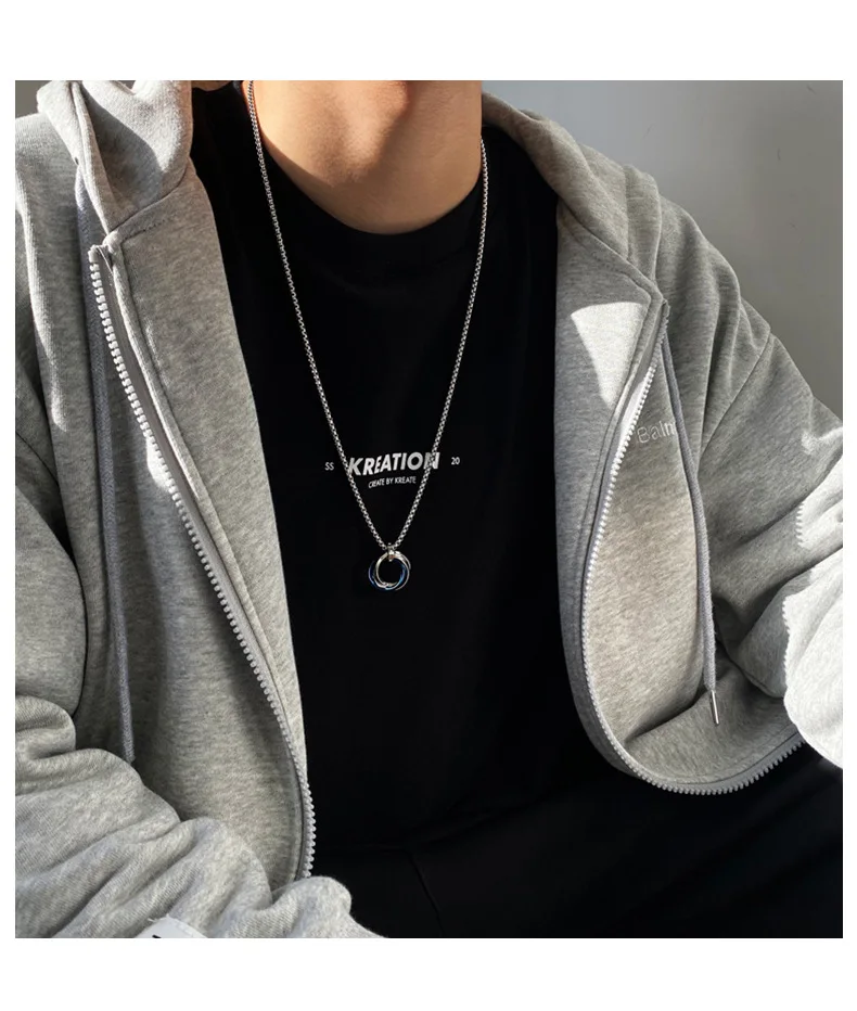 

Wholesale fashion jewelry men geometrystainless steel round couple double ring silver women necklace