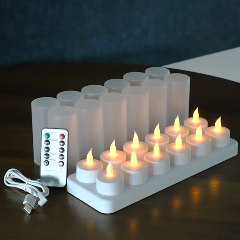 

12pcs Remote Control Flickering Flameless Rechargeable Led Tea Light Candles Tealight With Charging Base