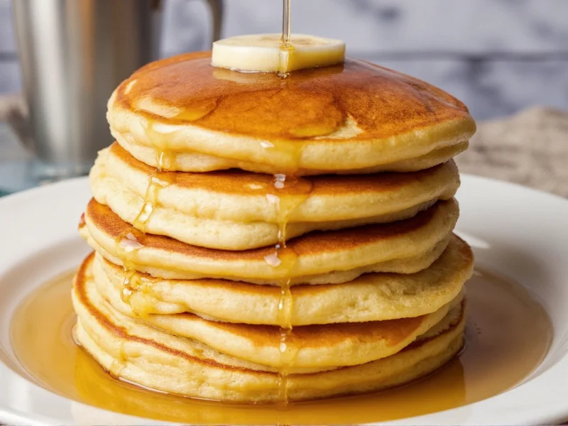 Fluffy golden buttermilk pancakes stacked with maple syrup