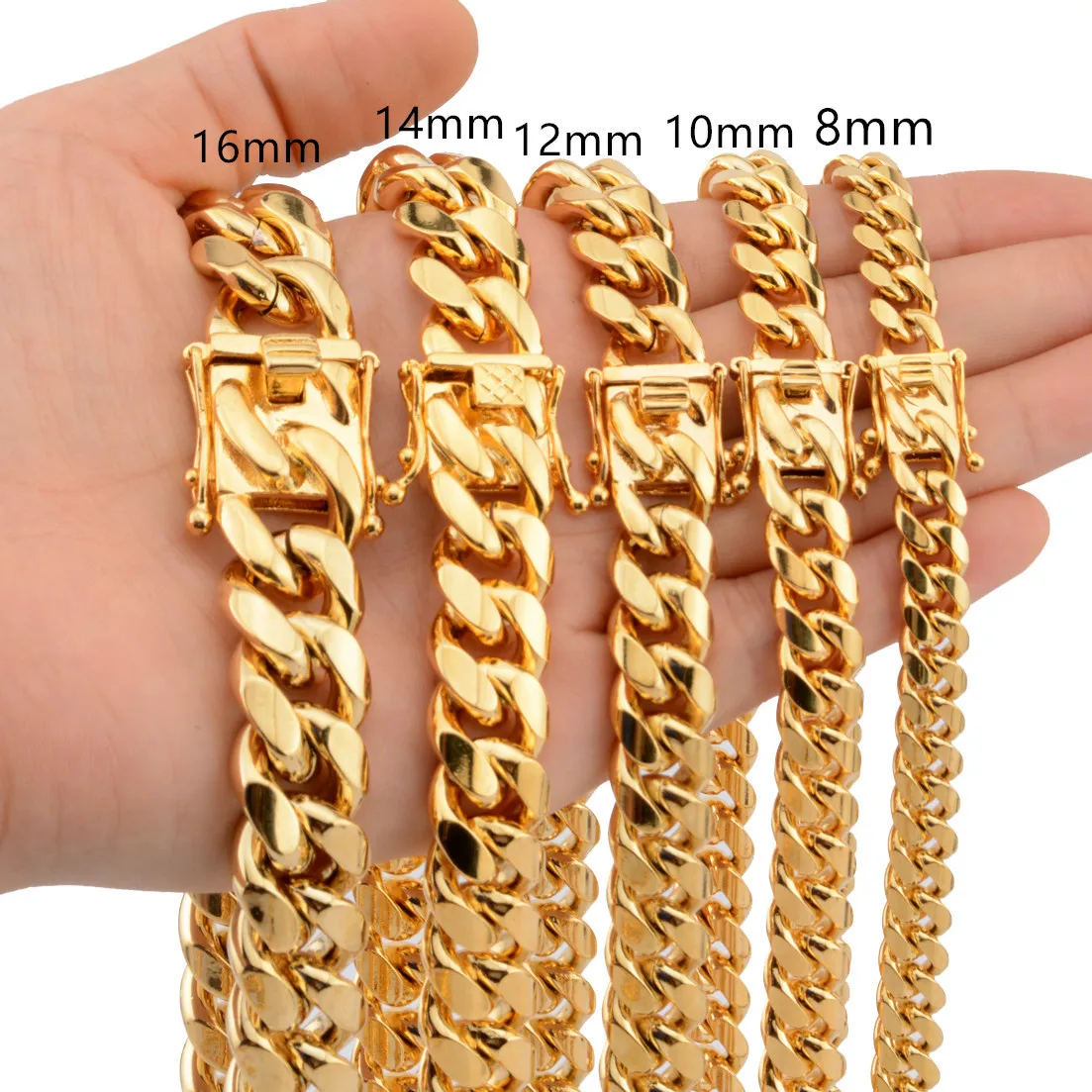 

Hip Hops 18K Real Gold Plated Titanium Steel Miami Cuban Chain Necklace 316L Stainless Steel Flat Curb Cuban Link Chain Necklace