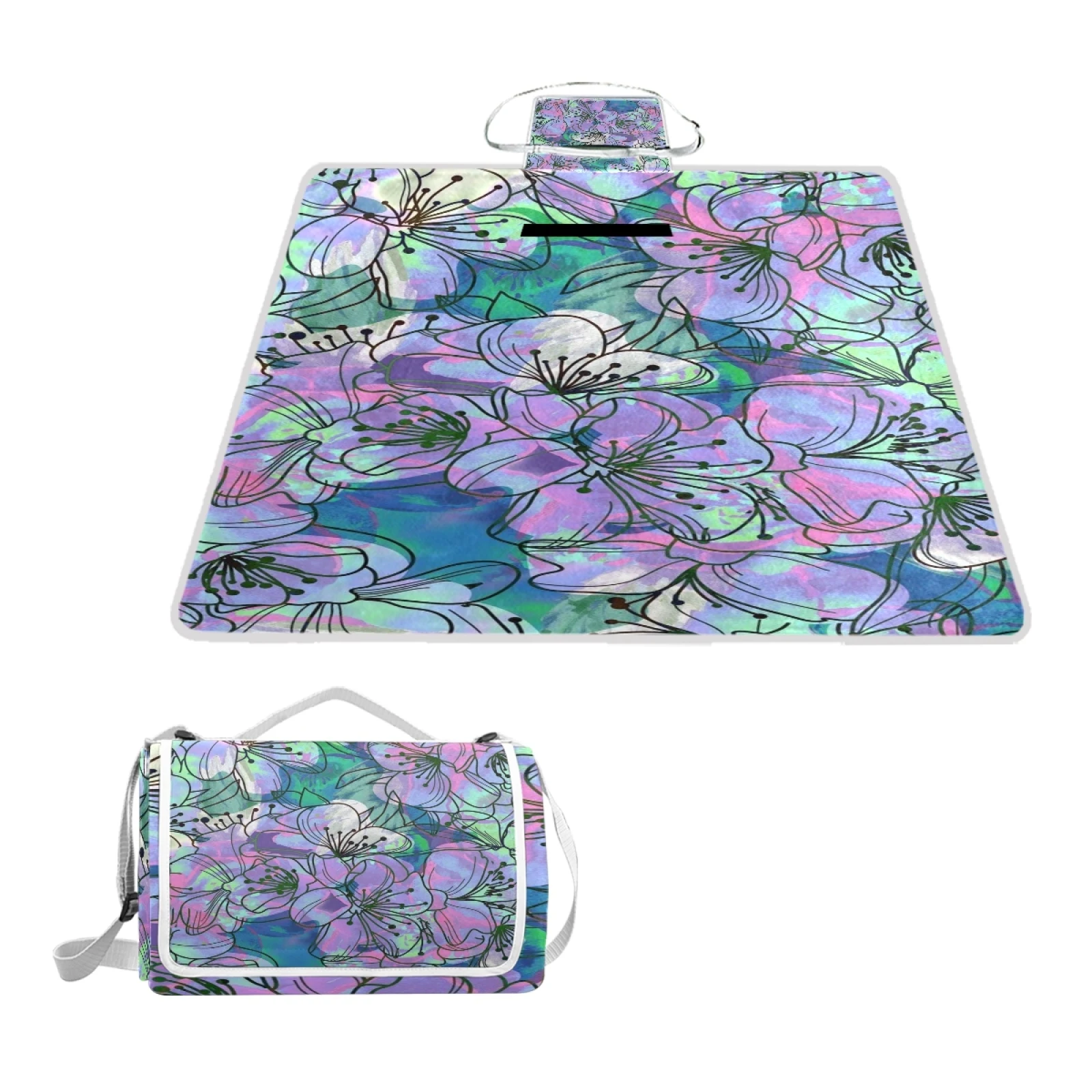 

Colorful Painting Floral Custom Foldable Beach Rug Extra Large Fleece Picnic Blanket Camping Grass Mat