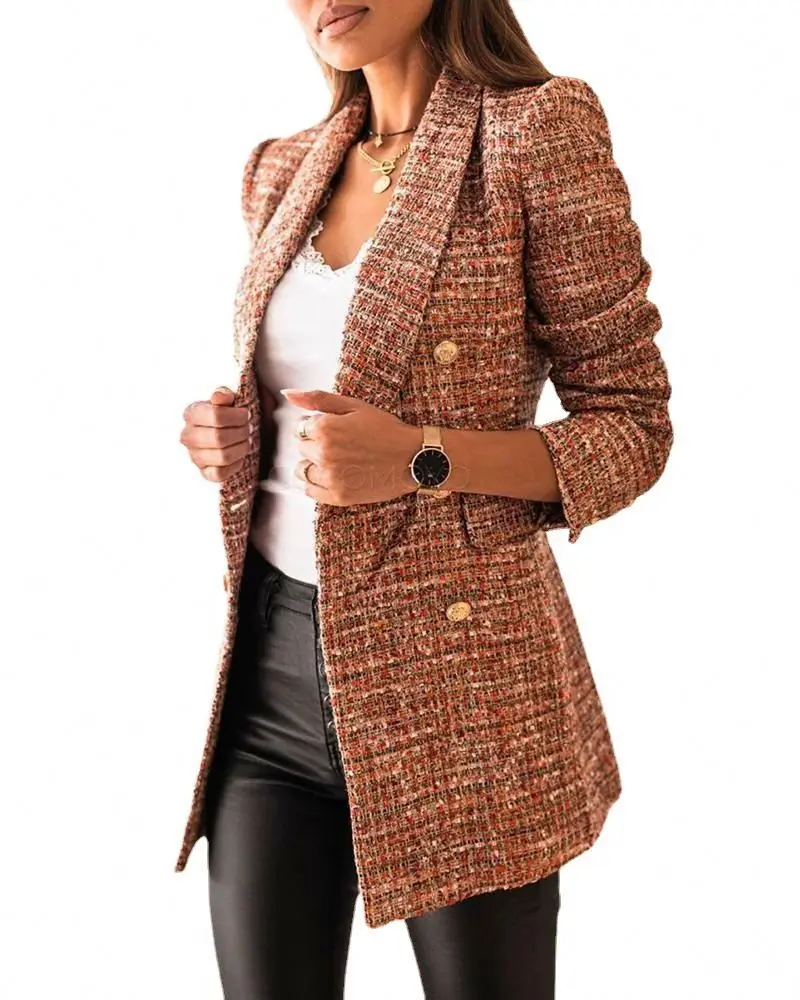 

New Arrival Woman Autumn and winter clothing women's long sleeve double breasted suit collar plaid print women blazer