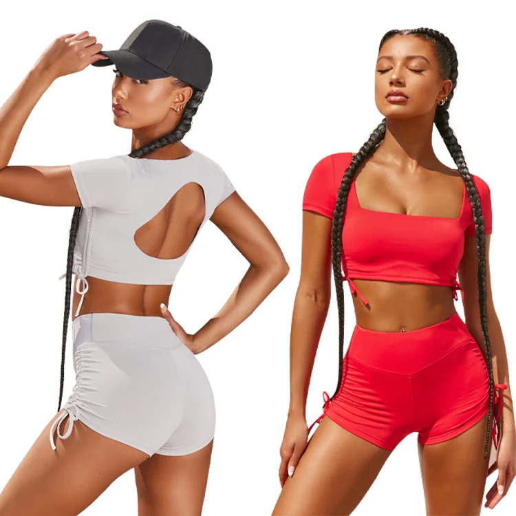

2 Layers Elastic Crop Top Set And Drawstring Shorts Backless Hollow Out Sexy 2 Pieces Set Women Tracksuit Outfit, Red/white/pink/yellow