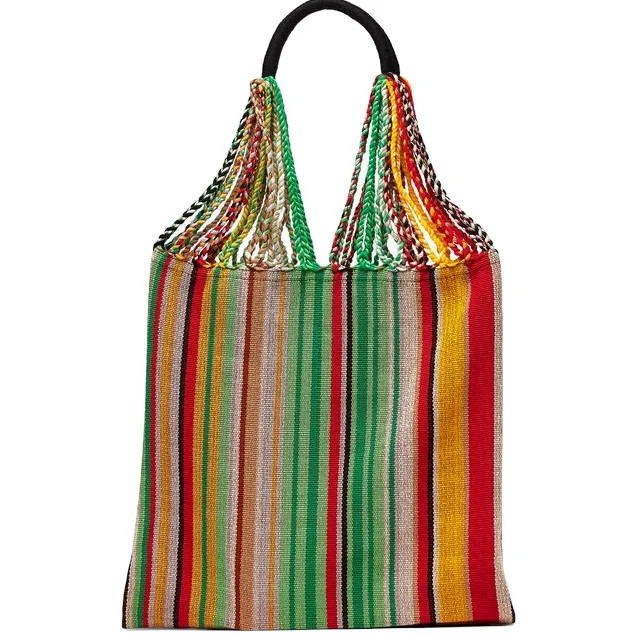 

vintage style handmade woven strips handbag colorful ropes tassels