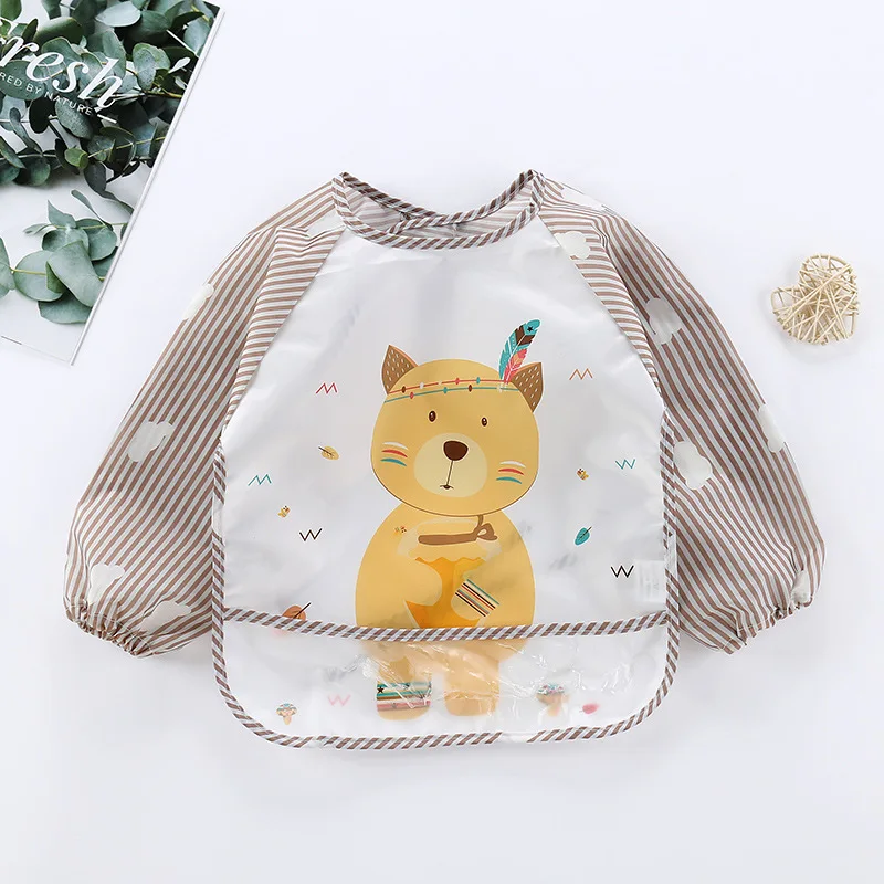 

Wholesale Custom Microfiber Polyester Long-sleeve Lion Dinosaur Printed Waterproof Baby Smock Bib Bibs Clothes For Newborn Baby