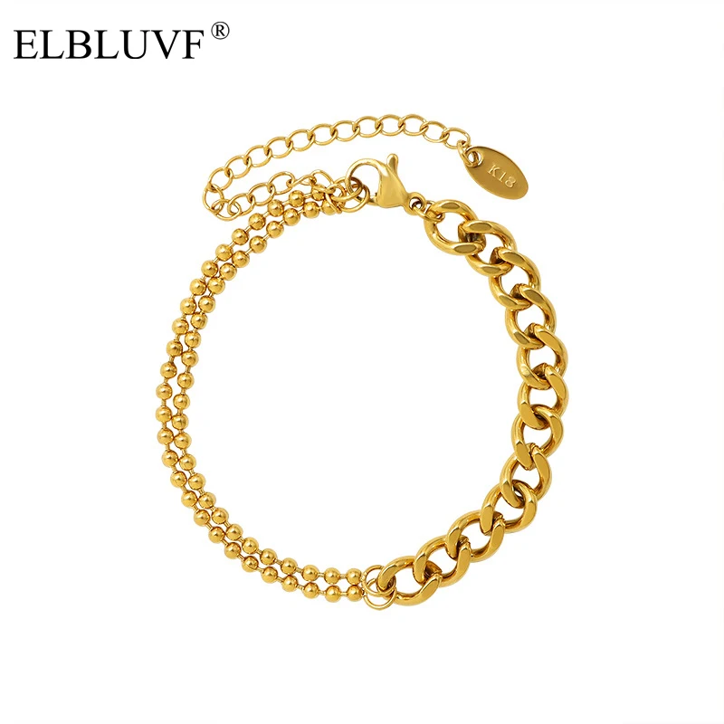 

ELBLUVF Free Shipping Stainless Steel Gold Plated Fashion Rolo Bead Chain Bracelet For Women, Gold / silver