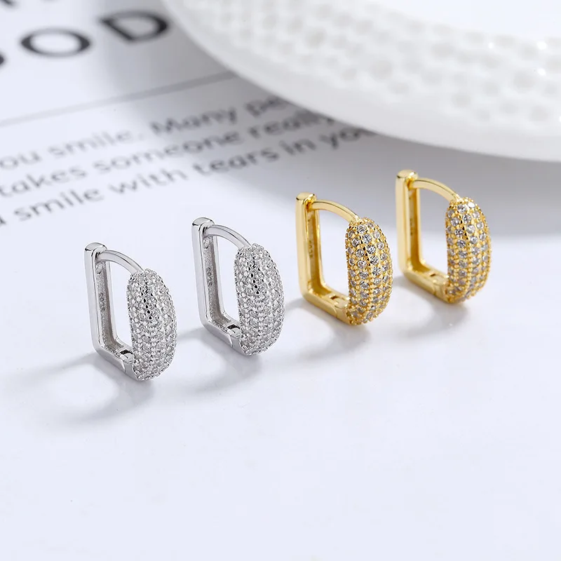 Fine Jewelry 925 Sterling Silver Statement Earrings Full Diamond Zircon Gold Plated Hoop Earrings Women