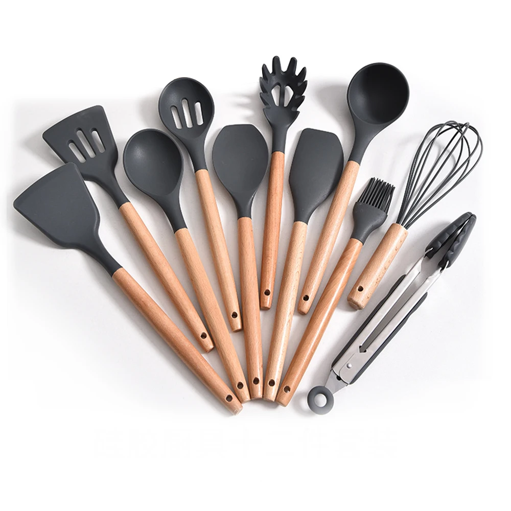 

High Quality 11 Pieces Eco Reusable Home Kitchen Cookware Silicone Cooking Tools Utensil Set, Black,blue