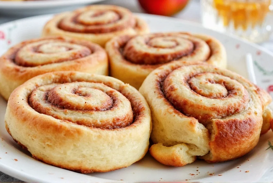 Homemade Christmas cinnamon rolls with cream cheese frosting on a festive holiday platter