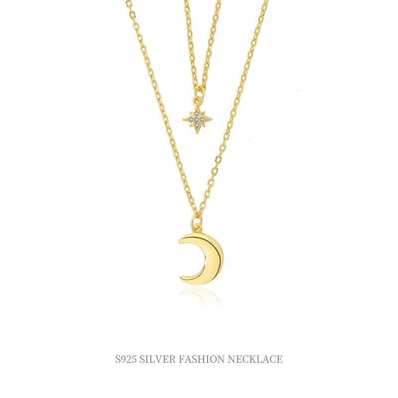 fashion fine jewelry 925 sterling silver moon pendant star diamond zircon gold plated necklaces for women