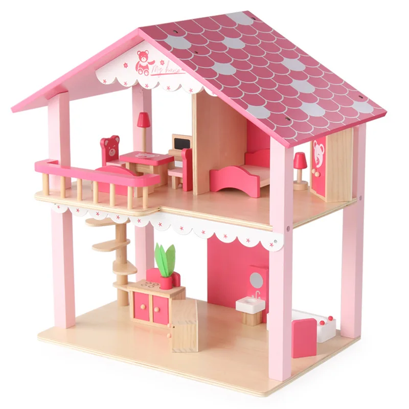 

Birthday Gift New Design Building Blocks Pink Kids Wooden Diy Doll Villa House Furniture Pretend Play Toys