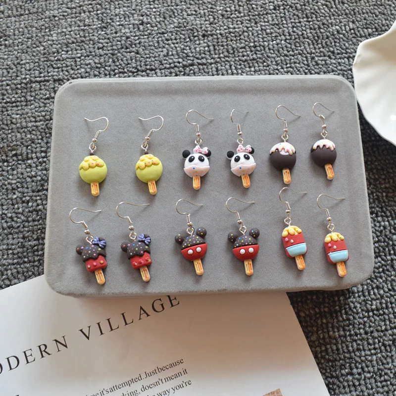 Korean Design Kids Girls Colorful Resin Ice Cream Earrings Cute Cartoon Mickey Bear Drop Earrings