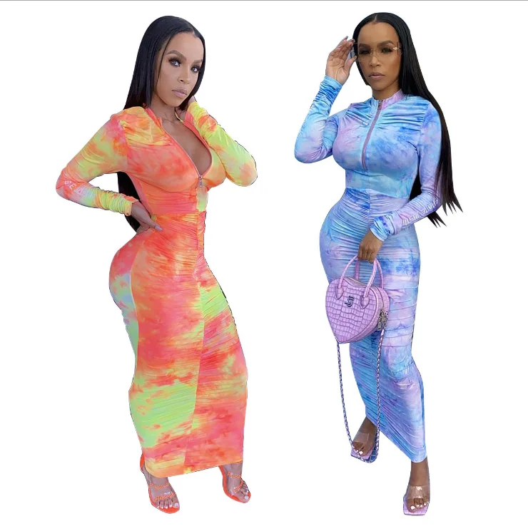 

2020 Long Sleeve Women Tie-dyed Long Maxi One-piece Tight Bodycon Dresses, As picture