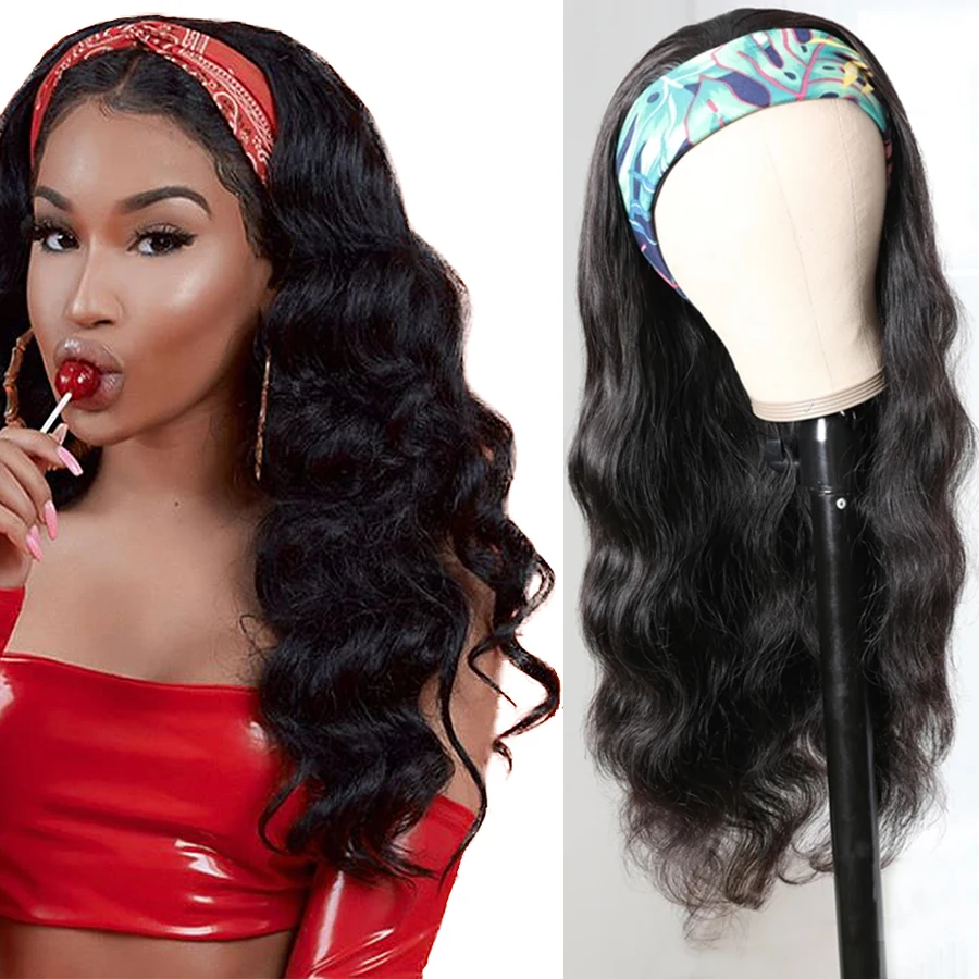 Machine Made No Lace Wigs No Glue And No Sew In More Hairhuman Hair Headband Scarf Wig For