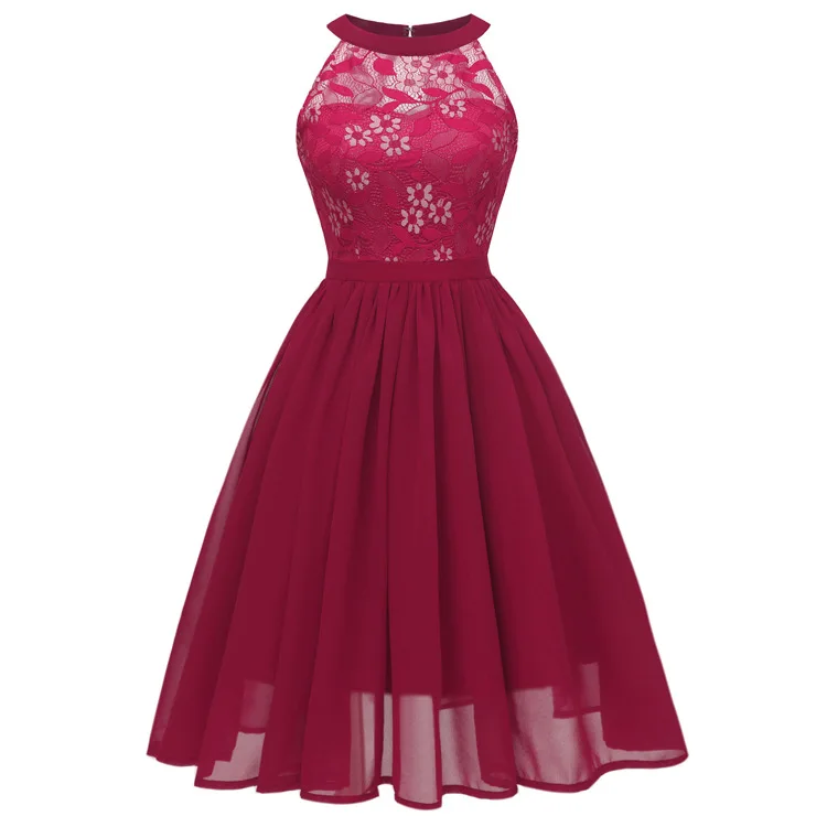 

Elegant Beauty Lace Patchwork Chiffon Sleeveless A-line Prom Dress For Ladies