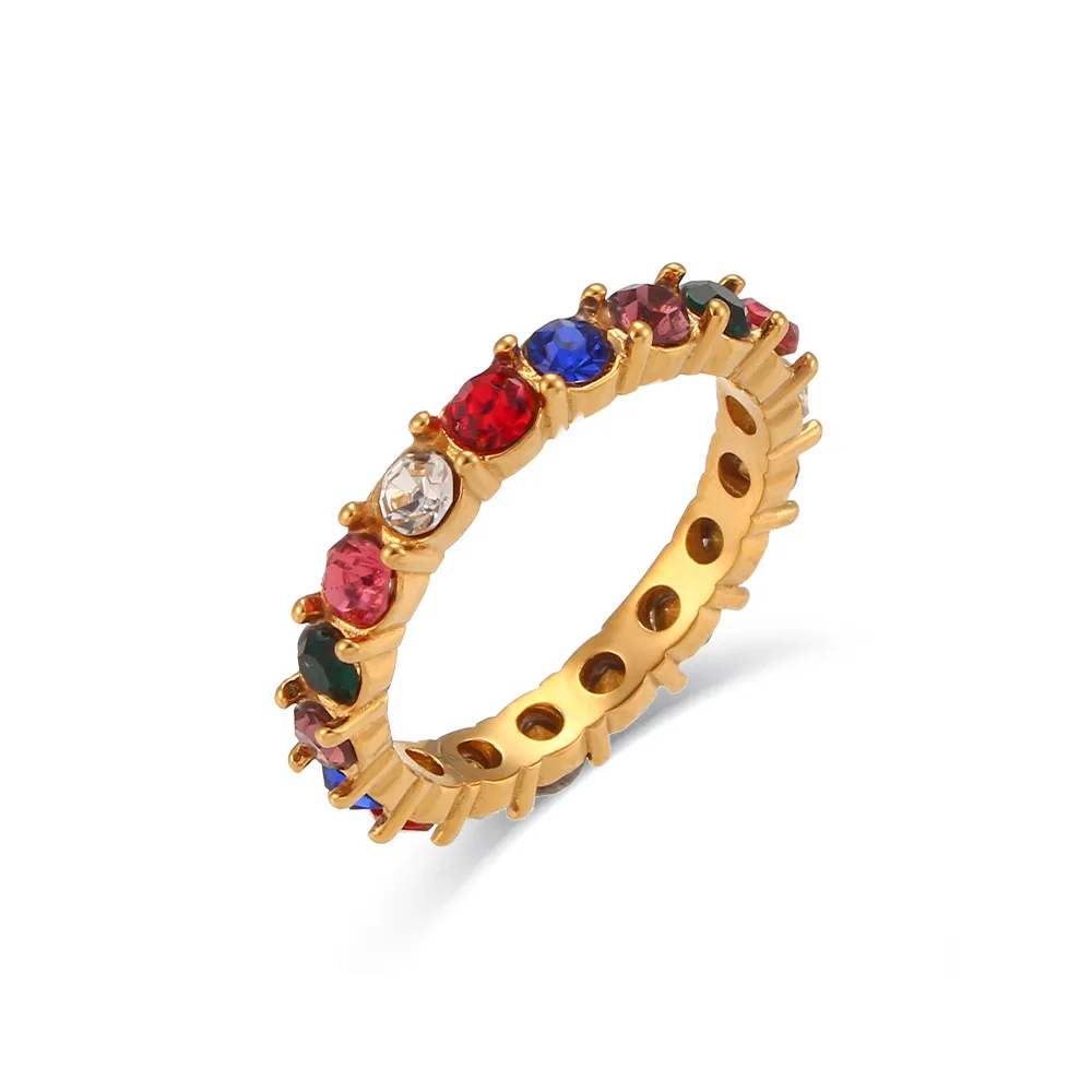 

18k Gold Plated Stainless Steel Colorful Cubic Zircon Band Ring Waterproof Titanium Steel Full Black Cz Finger Ring For Women