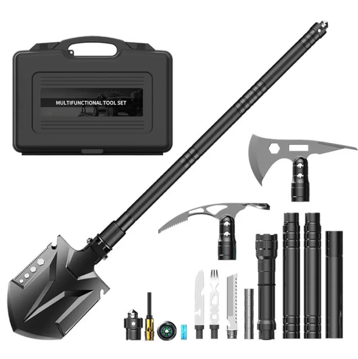 

Folding Shovel Set Shovel AXE Pick Flashlight Survival Kit Camping Outdoor Tool, Black