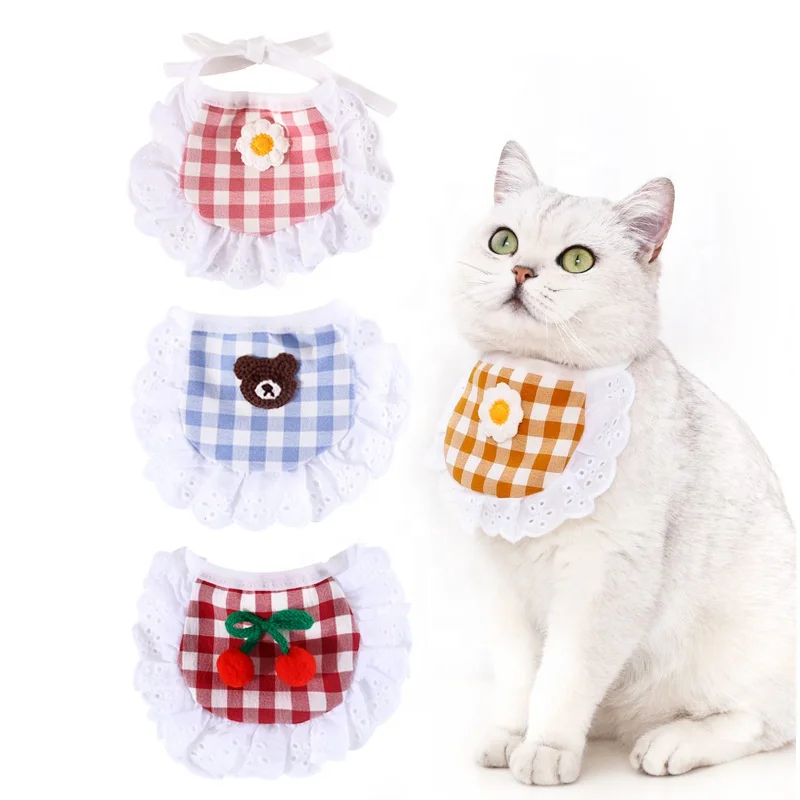 

New Arrival Pet Cat Dogs Lattice Blue Pink Cherry Bibs Accessories Pets Kitten Puppy Banana Daisy Collars Cotton Cloth Apparel