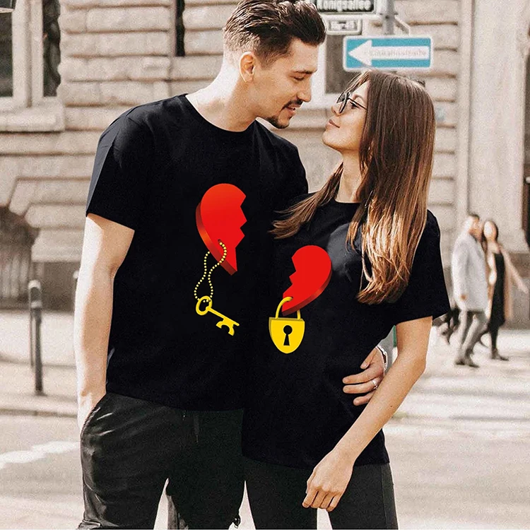 

Wholesale Cheapest 100% Cotton Lovers Key Print Couple Comfort Colors Tshirt Valentine's Day Matching Couple t Shirts, Black,white