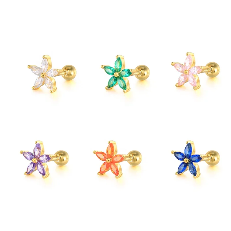 

Colorful Stars Flowers Small Earring For Women 925 Sterling Silver Jewelry Ear Piercing Zircon Screw Stud Earrings Jewelry, Gold and silver