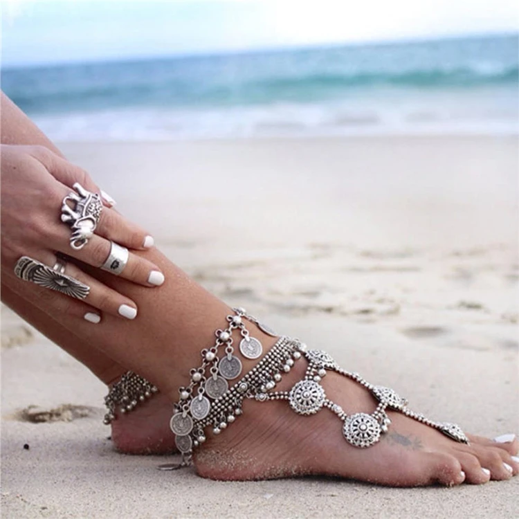 

2021 Personality Bohemian Ethnic Retro Ancient Silver Coin Summer Jewelry Beach Pendant Accessories Women Anklet, Picture