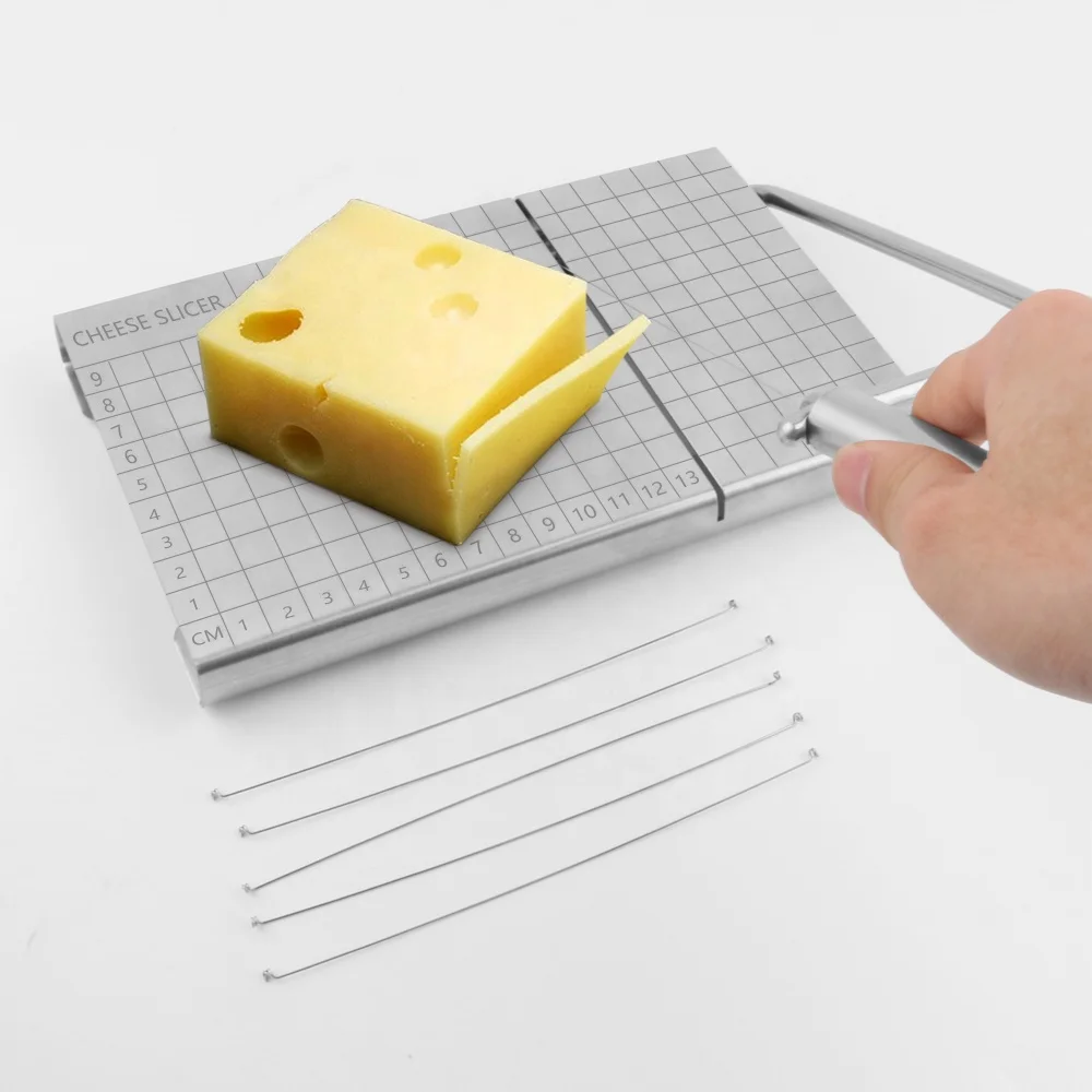 

Best Sale stainless steel handle block cheese wire slicer cutter board kit with scale and 5 wires, Silver or accept customization
