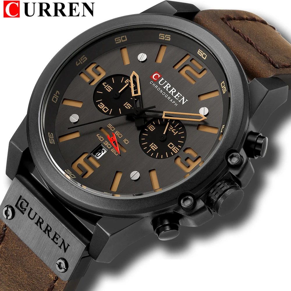 

CURREN Mens Watches Top Luxury Brand Waterproof Sport Wrist Watch Chronograph Quartz Military Genuine Leather Relogio Masculino