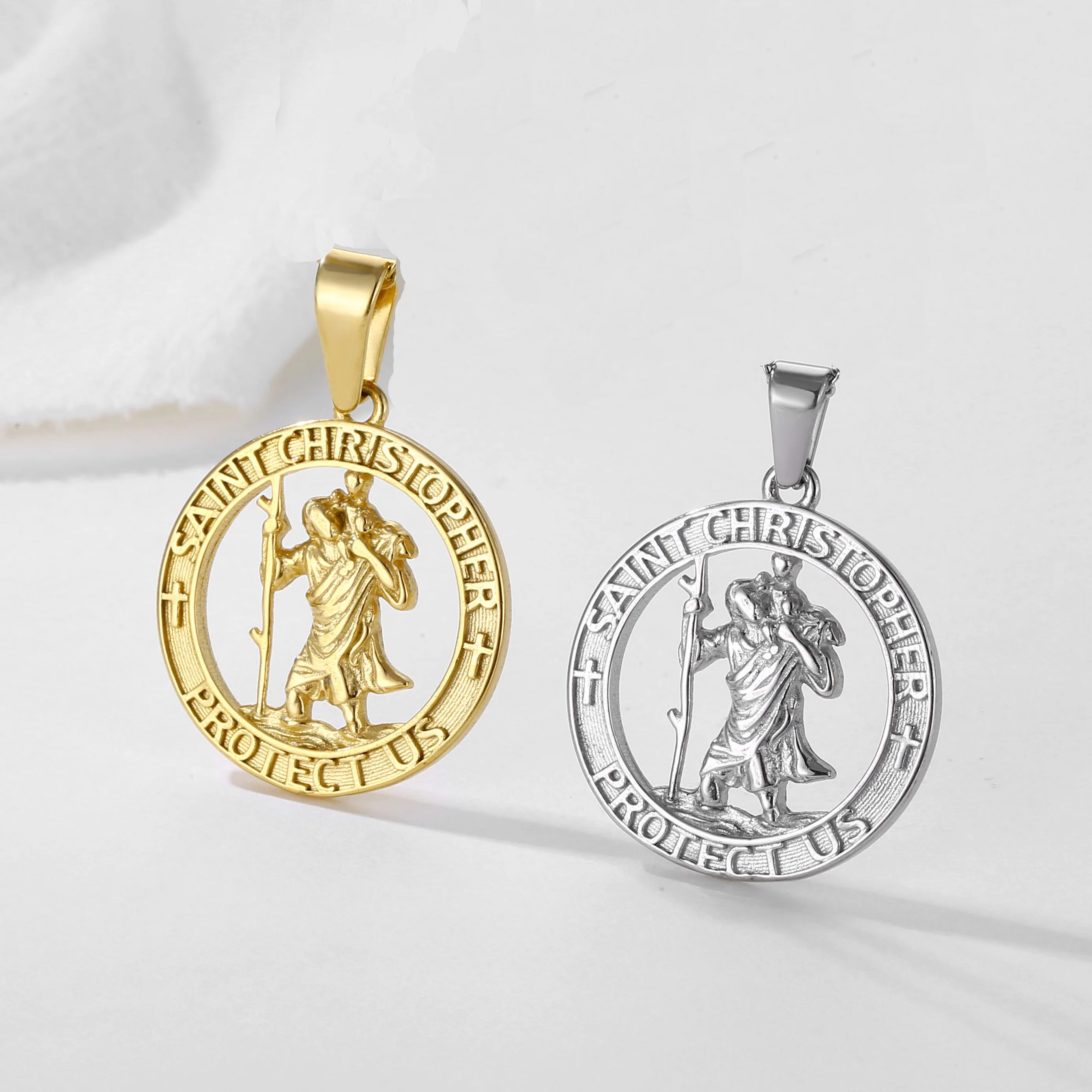 

Punk St Christopher Pendant 18k Gold Stainless Steel Saint Christopher Protect Us Necklace Religious Jewelry Gift