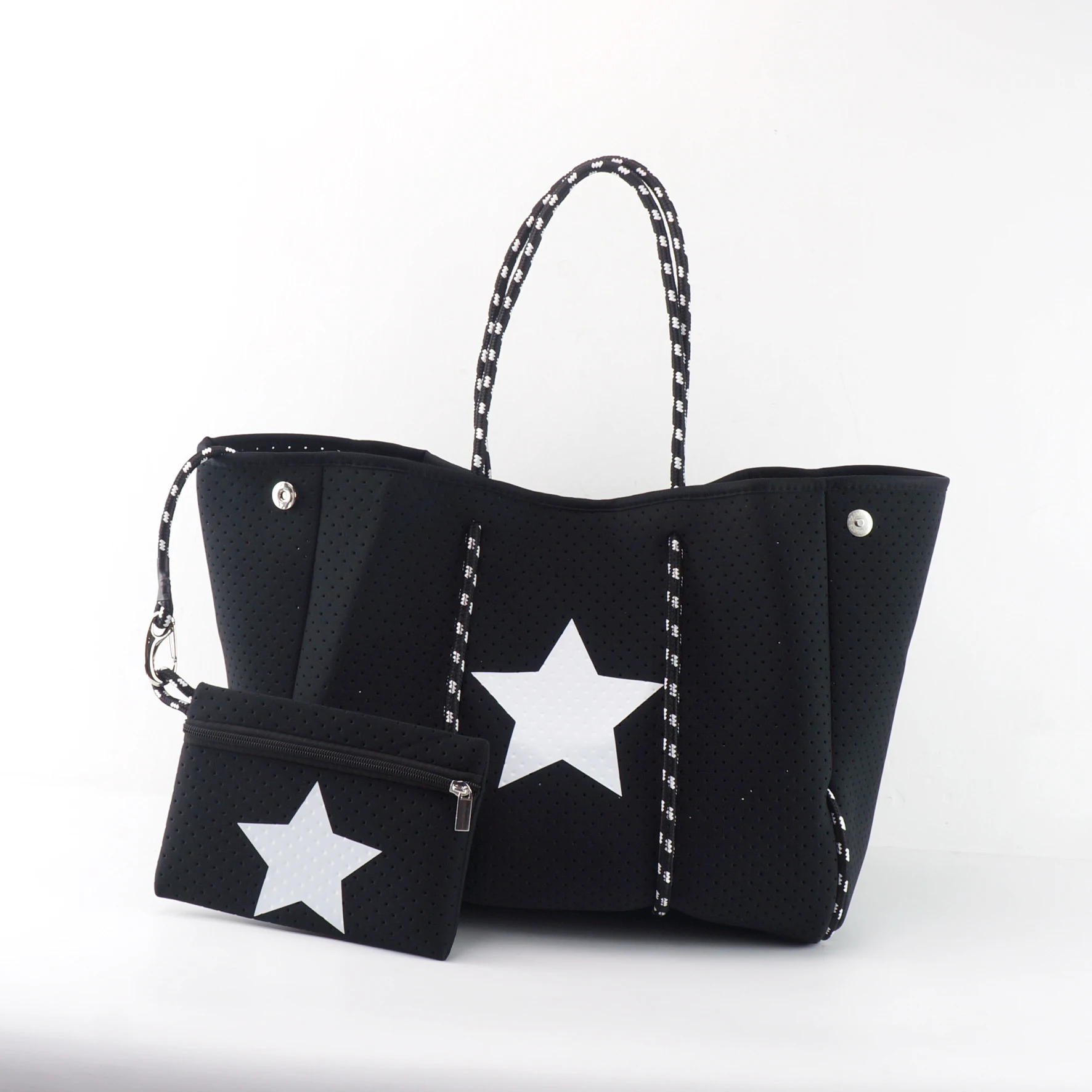 

2021 Fashion big volume perforated neoprene beach bag foldable shopping shoulder bags for women, Sample or customized